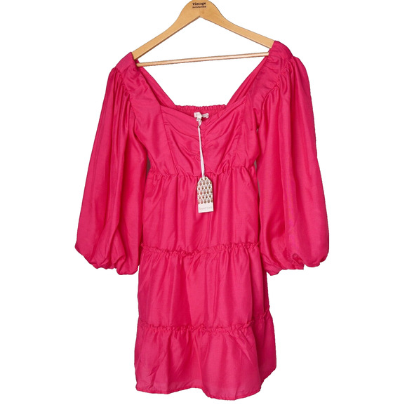 Babydoll Mini Dress M Tiered Puff Sleeve Smocked Boho Coquette Festival HOLE - Picture 1 of 13